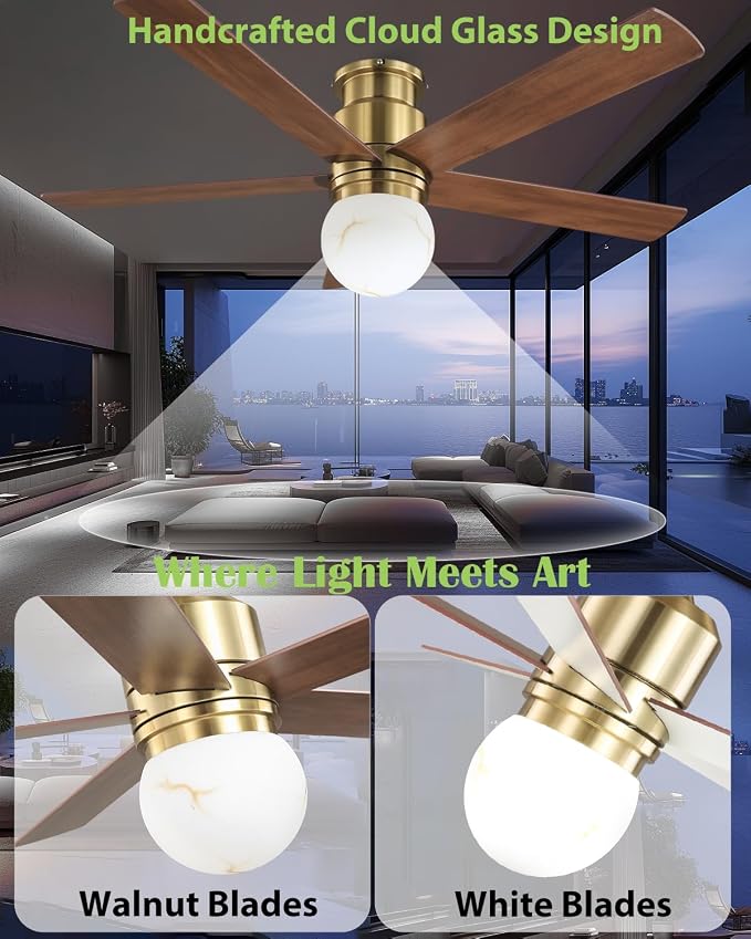 52 Inch Low Profile Ceiling Fan with Light, Flush Mount Brushed Gold Ceiling Fan Remote,ETL Listed, Indoor Outdoor Fan for Bedroom Living Room Patio, 3CCT, 6 Speeds