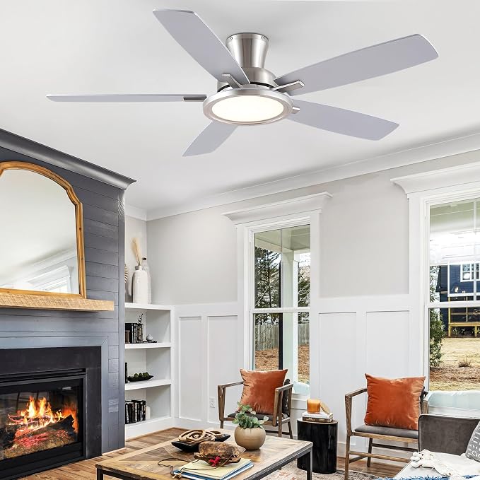 BYKISTOK 52“ Ceiling Fan with Lights and Remote/APP - Flush Mount Low Profile Ceiling Fan Light with 3CCT Dimmable, 6 Speeds Reversible, Modern Fan Light Fixture for Indoor, Covered Patios, Nickel
