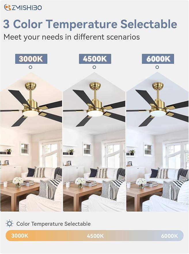 ZMISHIBO 52 inch Black and Gold Ceiling Fans with Lights and Remote, Indoor/Outdoor Modern Ceiling Fan for Bedroom Living Room Patio, 6 Speed Reversible Quiet DC Motor, 3 CCT, Dual Finish Blades