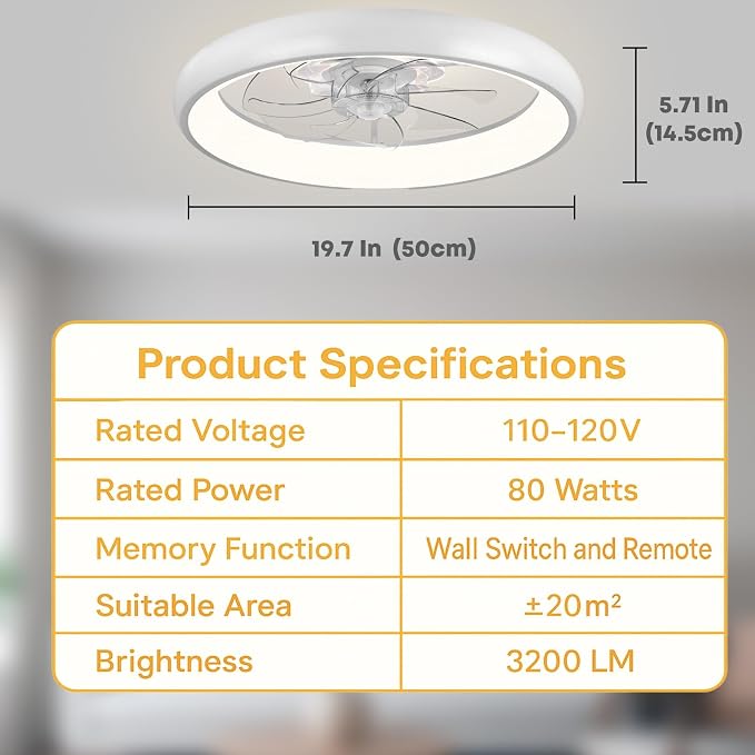 FSZDORJ 20'' Ceiling Fan with Light and Remote, Low Profile Ceiling Fan with Light, Dimmable Flush Mount Ceiling Fan Light, 6 Speeds Fan, App&Remote Control, Fandelier Quiet Fan for Bedroom F109 White