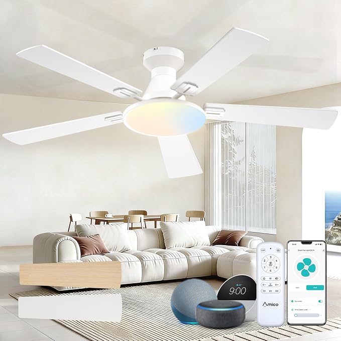 Amico Ceiling Fans with Lights, 52 inch Smart Ceiling Fan with Remote/APP/Alexa Control, Flush Mount, Reversible DC Motor, 5 Blades, 6 Speeds, 3CCT, Dimmable, Noiseless, Bedroom, Living Room, White