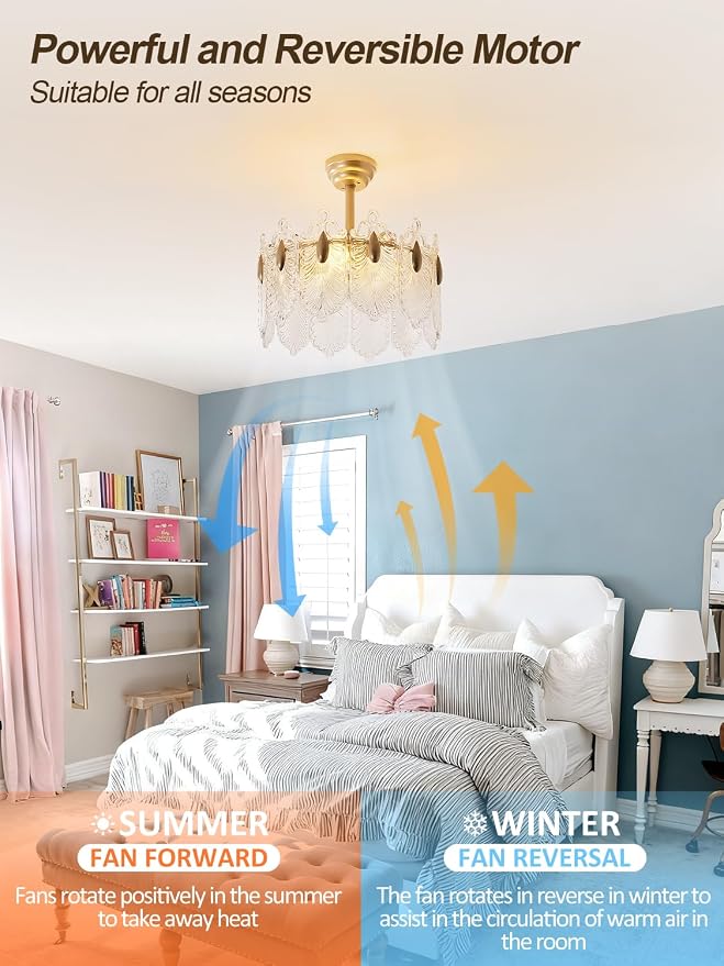 20 Inch Gold Crystal Fandelier Ceiling Fan with Light, Mid Century Gold Fandelier Ceiling Fans with Lights Remote Control, French Country Chandelier with 6 Speeds for Bedroom, Nursery, Living Room