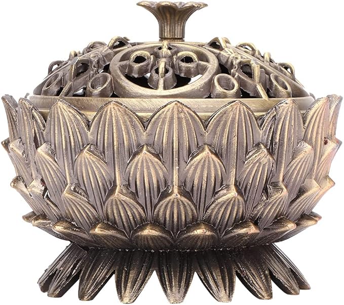 Incense Burners, Vintage Zinc Alloy Burner with Copper Ash Catcher Antique Lotus Censer for Meditation, Feng Shui Home Office and Spiritual Decor Metal Lid Meditation Relaxation 4.7" Style