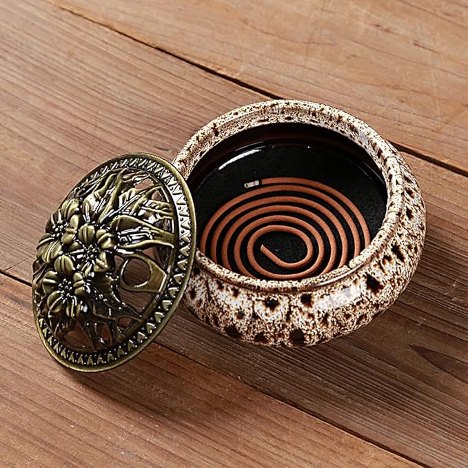 Incense Burner with Calabash Incense Stick Holder - Porcelain Charcoal Censer for Use with Resin Granular Powder Cone or Coil Incense (Fambe Gray)