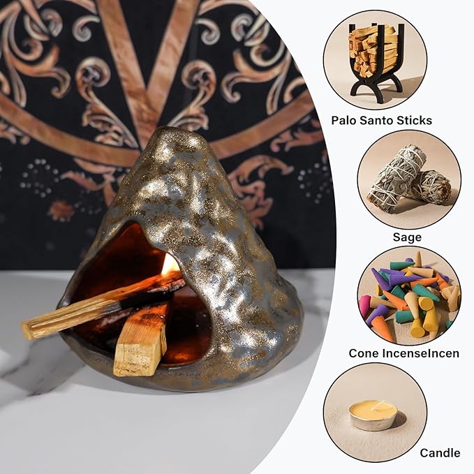 MOUGIGI Black Gold Palo Santo Incense Burner-Unique Zongzi-Shaped Clay Smudge Bowl for Sage,Copal, and Stick Incense-Mini Chiminea for Zen Meditation,Yoga,Altar,Aromatherapy & Energy Cleansing Decor