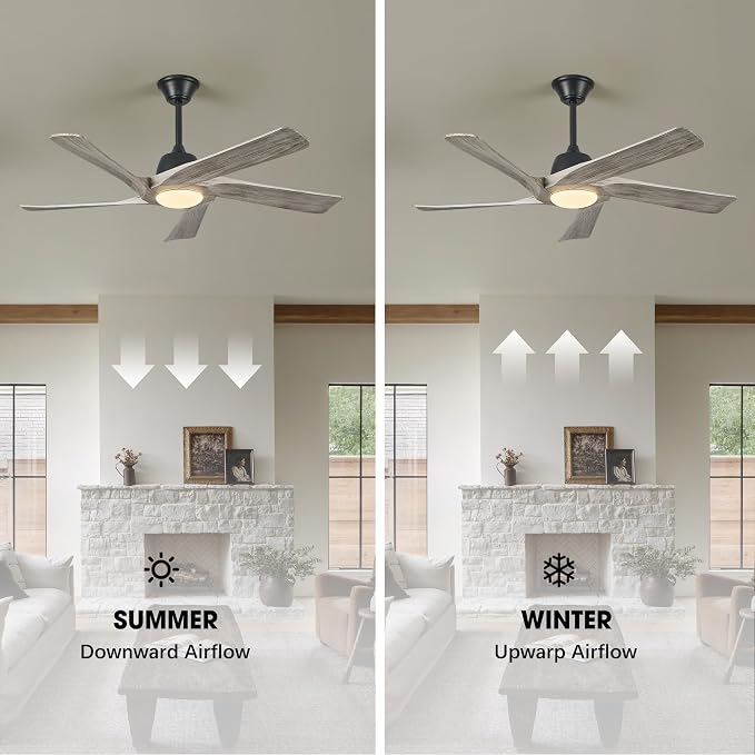 52 Inch Solid Wood Ceiling Fan with Lights, Remote and APP Control, 3-color Dimmable LED, DC Motor, 6-speed Reversible, Modern Ceiling Fans for Bedroom, Living Room, Greywood