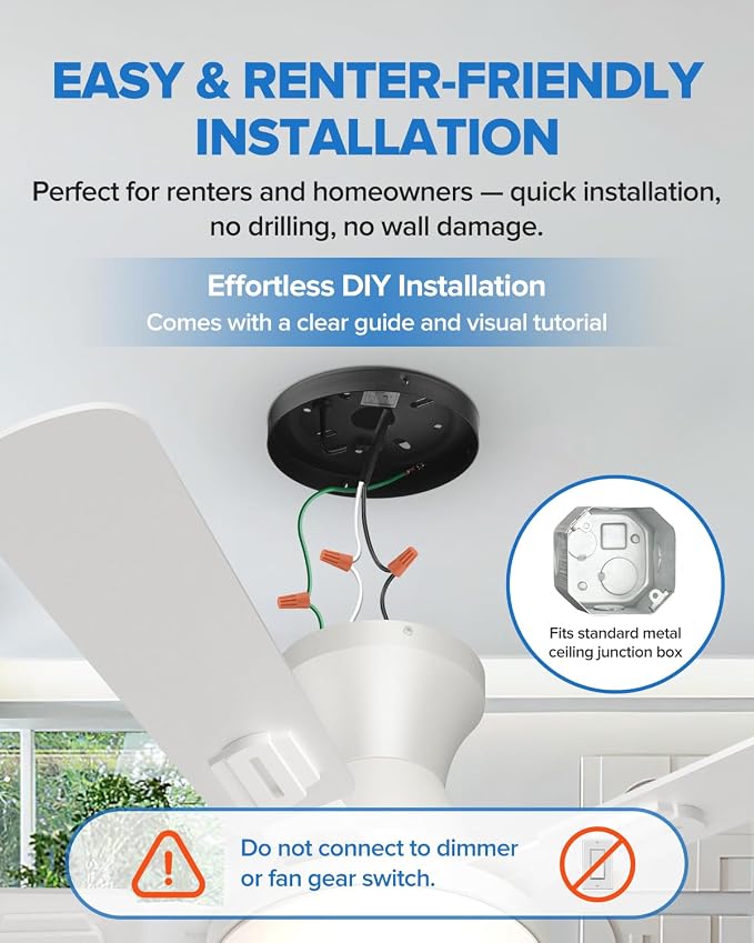 UME 52" Ceiling Fan with Lights & Remote, 6 Blades Low Profile Ceiling Fan, Quiet DC Motor, Natural Wind, 6 Speeds, 3CCT Dimmable 20W LED Modern Ceiling Fan for Bedroom, Living Room, White