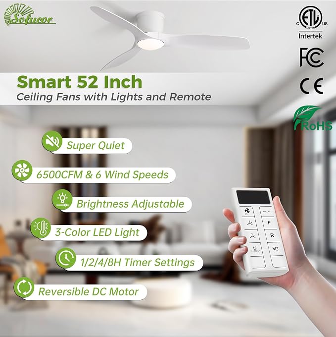 Sofucor 52 Inch Smart Ceiling Fan with Lights, Modern Low Profile Flush Mount Ceiling Fan with 6500CFM, Compatible with Alexa/Google/App, 3 Plastic Blade, Dimmable Timer Reversible DC Motor, ETL, ABS