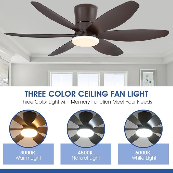 Surtime 48In Ceiling Fans with Light and Remote/APP Control, 6-Blade Reversible Motor Ceiling Fan, 3-Color Dimmable Lighting, All-Brown Finish