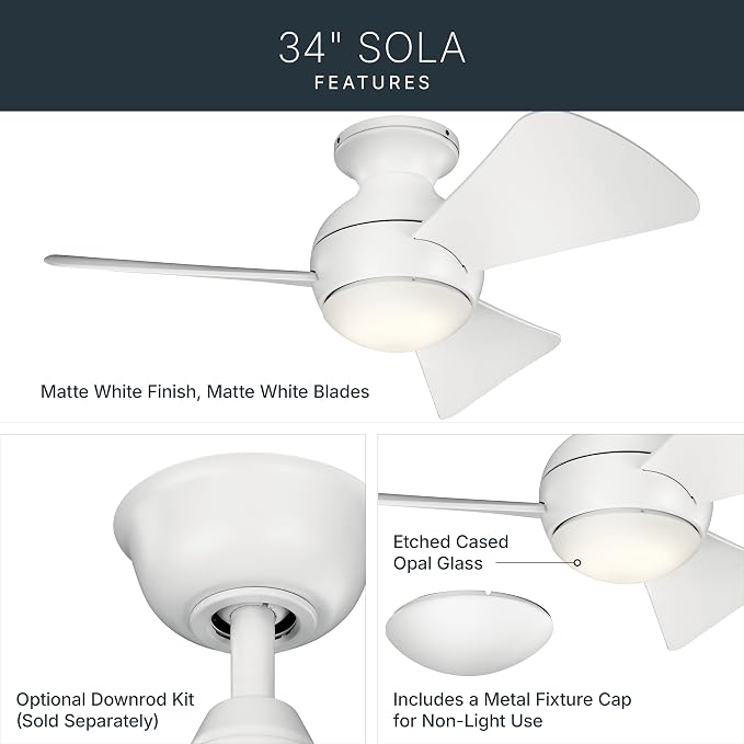 Kichler 330150MWH 34 Inch Sola Ceiling Fan LED, 3 Speed Wall Control Full Function, Matte White Finish with Matte White Blades