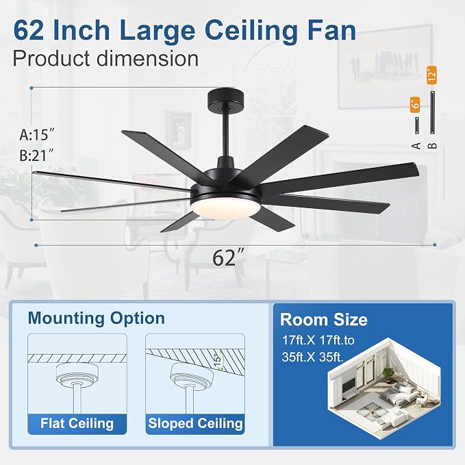 62 Inch Ceiling Fans with Lights and Remote Control, Black | Wooden Blades,Reversible Quiet DC Motor, 6-Speed, 3CCT Dimmable LED, Timer for Living Room, Bedroom, Office