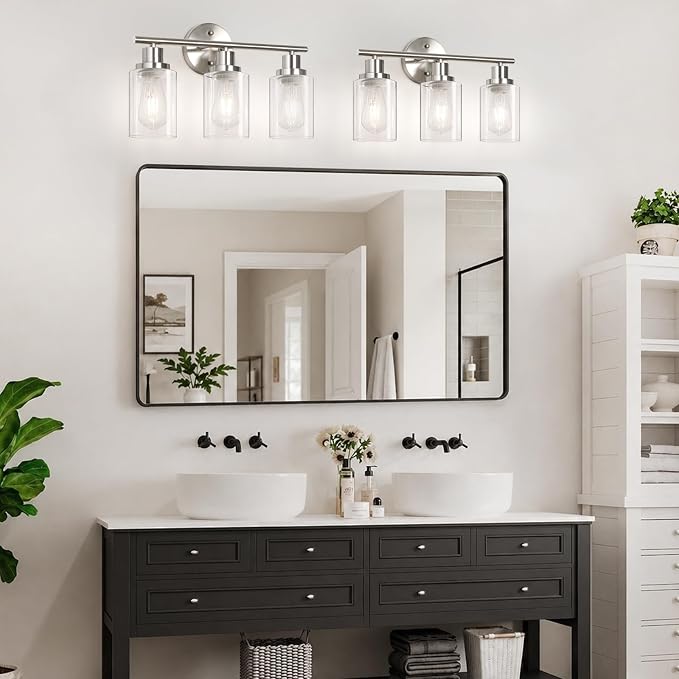 Unicozin Modern Bathroom Light Fixtures, 3 Light Vanity Lights with E26 Bulbs, Brushed Nickel Wall Lamp with Clear Glass for Mirror Living Room Hallway Cabinet Porch