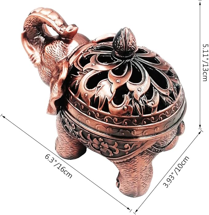 Hourwof Metal Elephant Incense Holder,Vintage Cone Coil Incense Burner with Lid,Ash Catcher,Aromatherapy Ornament Home Office Decor,Red Copper