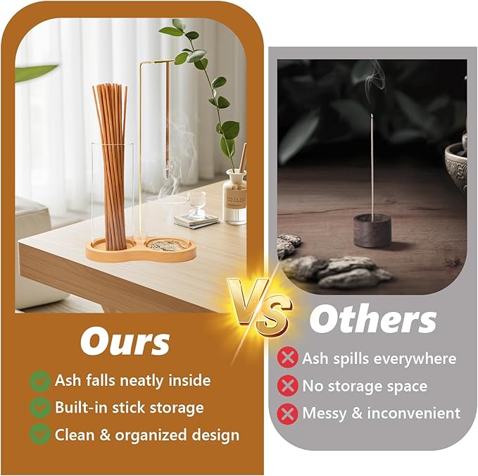 Anti Ash Flying Glass Incense Sticks Holder - 2 in 1 Modern Vertical Incense Burner with Removable Glass Ash Catcher & Wood Base for Spa,Meditation,Yoga,Zen Home Decor
