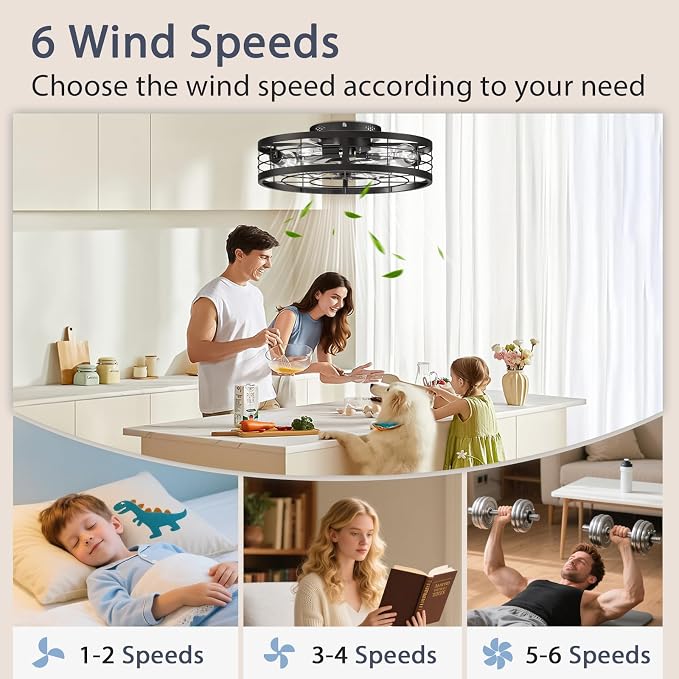 VOLISUN Caged Ceiling Fan with Light and Remote,19.7 inch Fandelier Ceiling Fan with Light Flush Mount, Farmhouse Bladeless Ceiling Fans with Lights for Kitchen,Bedroom
