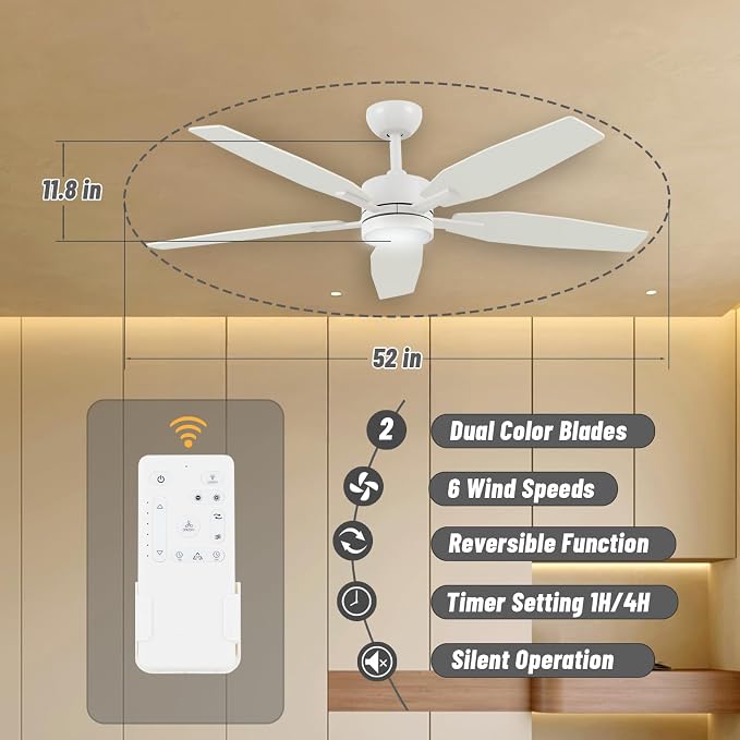 52" Ceiling Fan for Living Room - 5 Blades Modern Ceiling Fan with Light for Bedroom - Quiet DC Motor - 3CCT - 6 Speeds - Dimmable - Reversible Function - White