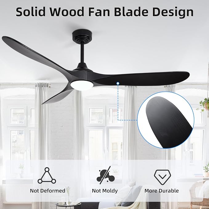 60” Outdoor Ceiling Fan with Light 3 Downrods, Smart Wood Ceiling Fan Compatible with Alexa/Google/App, 3 Blades Modern Black Wood Ceiling Fans for Kitchen Living Room Patio