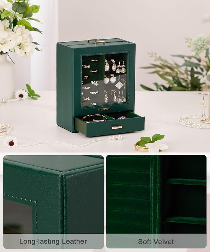 Homde Display Jewelry Box for Girls: Starter Organizer with Clear Window | Vertical Drawers for Earrings Rings Necklaces - Compact Footprint Fits Small Vanities - Birthday&Graduation Gift for Teens