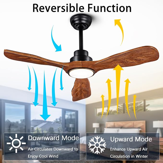 42 In Wood Ceiling Fan with Light,Noiseless Reversible DC Motor with Remote | tung walnut solid wood blades, quiet dc motor, remote control, dimmable 3cct led, indoor outdoor for farmhouse kitchen patio