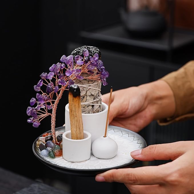 5 in 1 Incense Burner Holder with Crystal Tree for Burning Palo Santo Stick, Sage, Incense Sticks, Candle, Ceramic Tray Ash Catcher, Meditation Gift (Purple)
