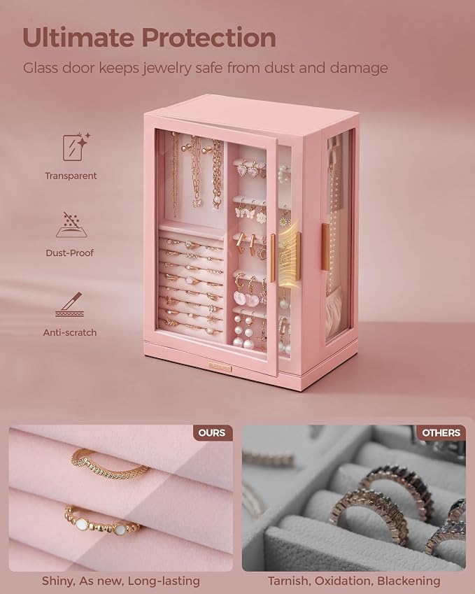 Glimmloop 360° Rotating Jewelry Box with 7 Drawers, Spacious Vertical Jewelry Organizer with Glass Window, Jewelry Storage Case, Dustproof & Moisture-resistant Design, Pink
