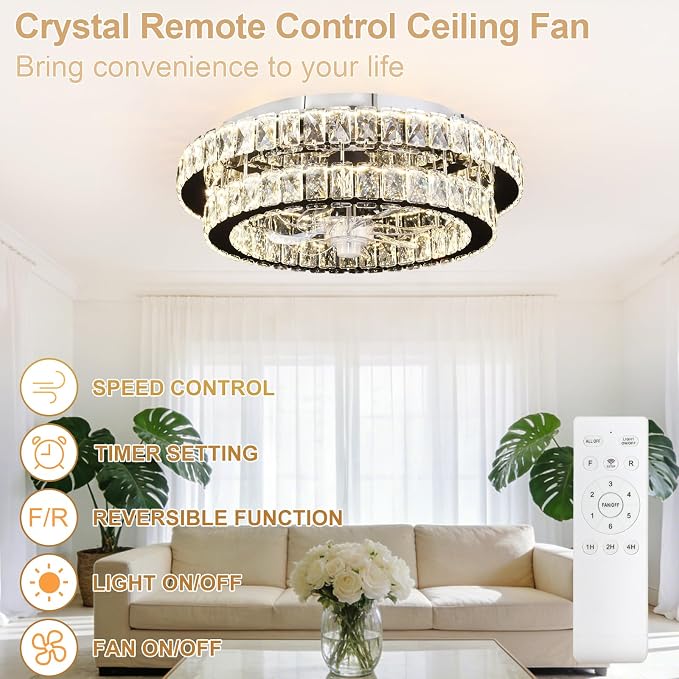 Depuley Modern Ceiling Fan with Lights: 20" Sliver Chandelier Cagd Fan with Remote Control - Modern Crystal Fandelier for Girl's Bedroom Living Room Nursery