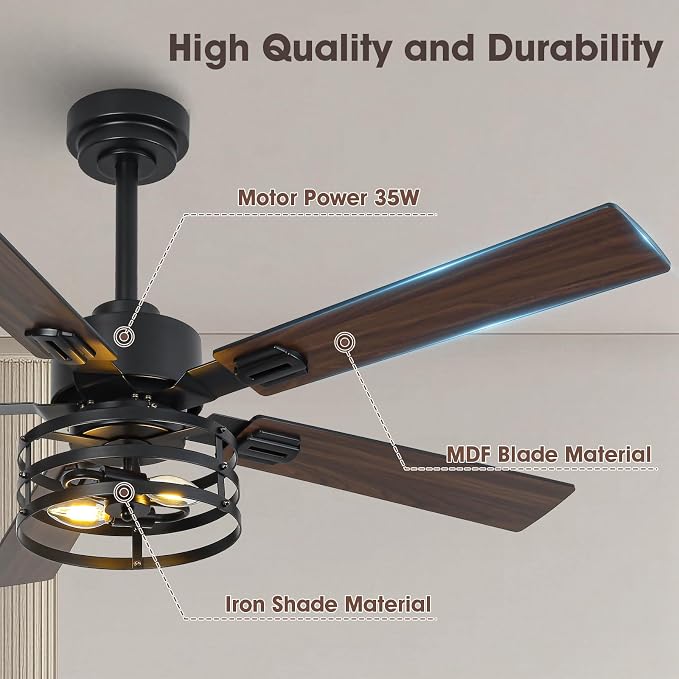 52" Farmhouse Ceiling Fan with Light and Remote, Ceilings Fan Dual Finish 5 Blades 6-Speed Quiet and Reversible DC Motor, Rustic Ceiling Fans with Light for Bedroom Living Room and Kitchen