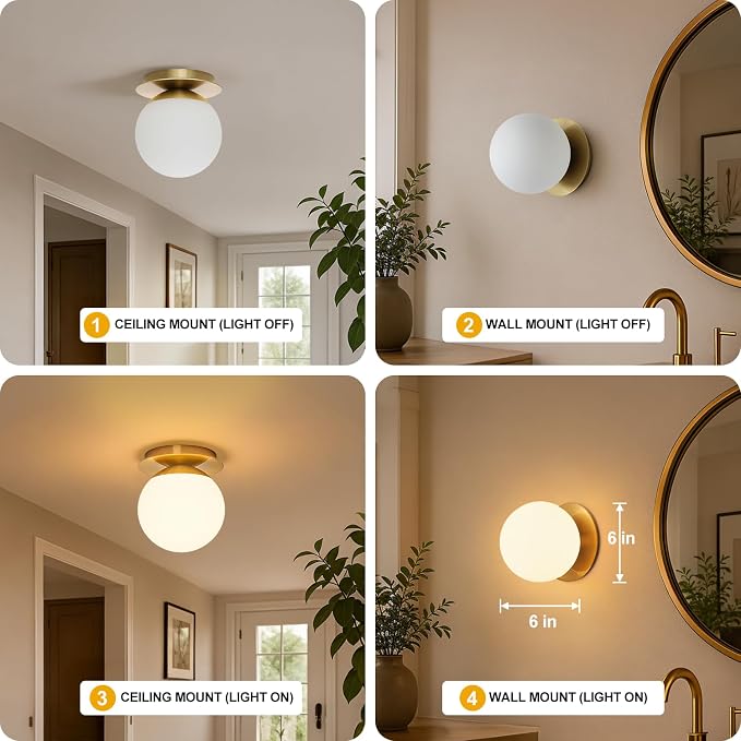 2 Pack Wall Sconces, Modern Globe Sconces in Aged Brass, Wall Light for Bedroom Bathroom Living Room & Hallway Vanity Lighting, Ceiling Light Fixture