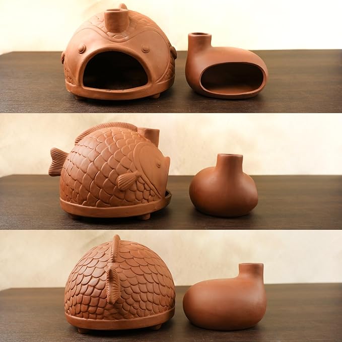 MOUGIGI Large Fish-Shaped Terracotta Palo Santo Holder - Cone Burner for Sage,Chiminea Incense Dish with Chimney,Ideal for Meditation, Zen, Yoga, Spa & Wellness | Anxiety & Stress Relief Items