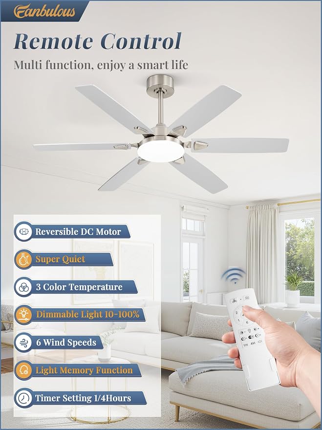 Fanbulous 52 Inch Ceiling Fans with Lights, Indoor/Outdoor Modern Ceiling Fan with Reversible Blade And 2 Rods, Quiet DC Motor, 3CCT & 6-Speed Remote Control, Dual Finish Blade for Living Room/Bedroom