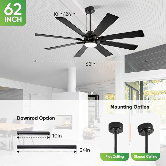 62 Inch Outdoor Ceiling Fan with Light for Patios, Black Ceiling Fan with Light, Large Damp Rated Industrial Fan with 8 Blades, Large Airflow Indoor Exterior Fans for Patios Porch Garage Office