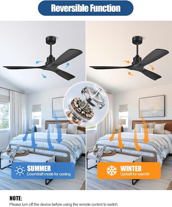 Ceiling Fans With Remote Control, Outdoor Ceiling Fan for Patios Indoor, 3 Downrods, 3 Blades, Timer, 6 Speed Reversible Quiet DC Motor Modern Fan Solid Wood Fan,52in, Matte Black