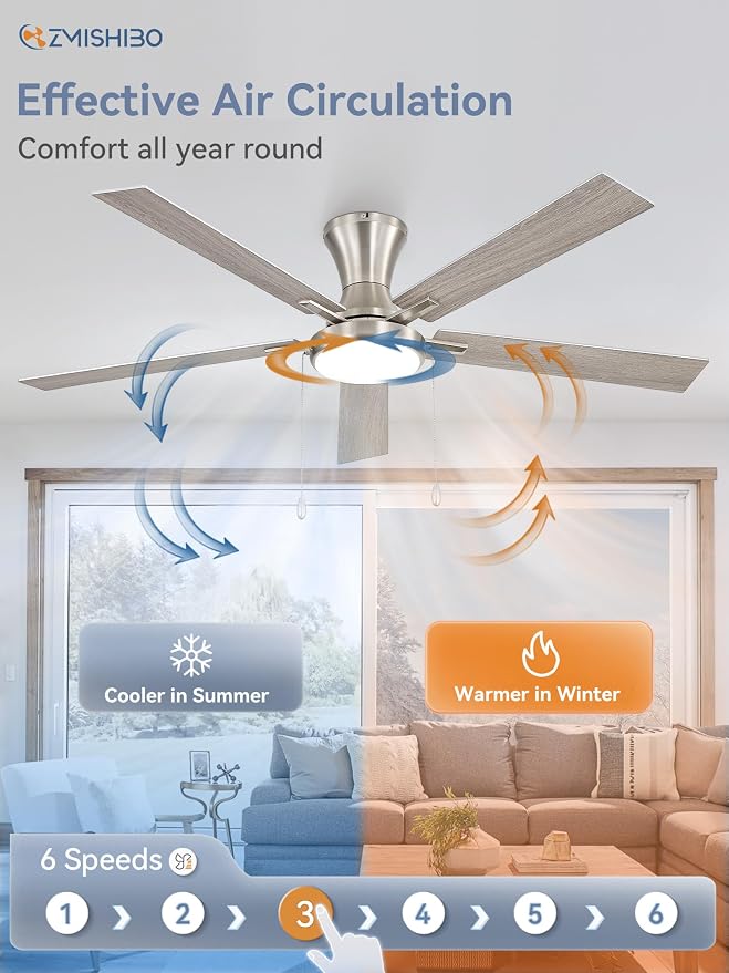 ZMISHIBO Ceiling Fans with Lights, Low Profile Ceiling Fan with Pull Chain and Remote Control, Flush Mount, Reversible, Dimmable, Noiseless, White Pull Cord Ceiling Fan for Bedroom(60inch Nickel)