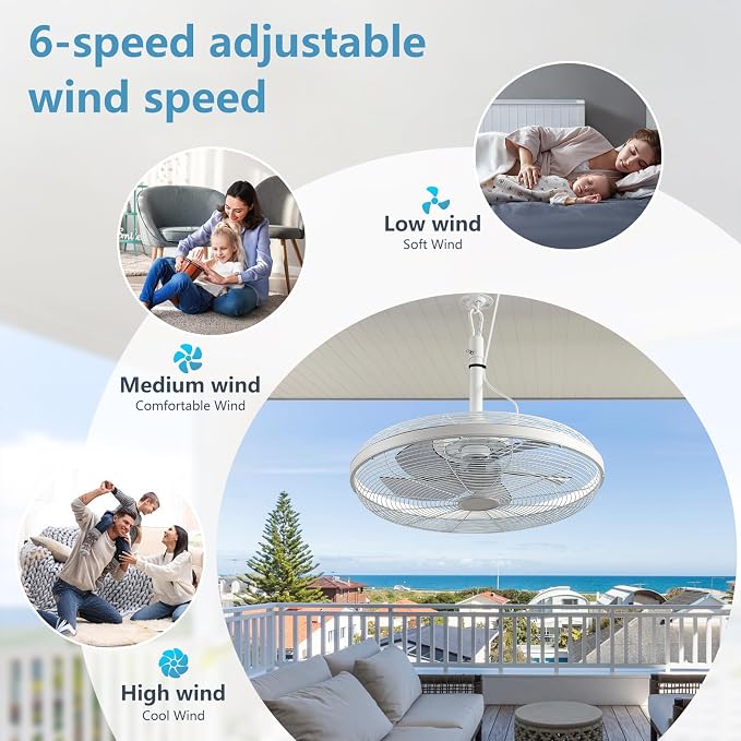 AHAWILL Outdoor Ceiling Fans with Lights, 20'' Gazebo Fan, Plug in Ceiling Fan for Patios, Pergola, Ceiling Fan with Remote Control, Hanging with Hook,Black