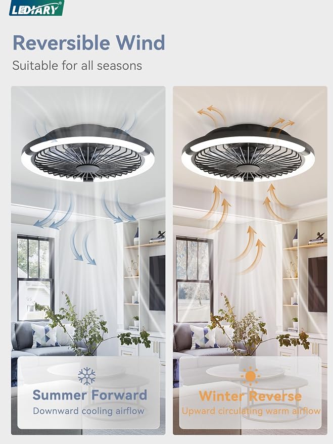 LEDIARY 20" Bladeless Ceiling Fan with Light,Low Profile LED Ceiling Fans with Remote & Smart APP Control, Modern Enclosed Flush Mount Fandelier, 3000-6000K,Bedroom,Kids Room-Black RGB