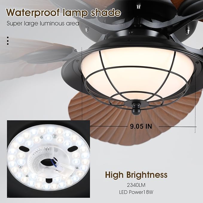 52"Waterproof Outdoor Palm Leaf Ceiling Fans with Lights and Remote/APP | IP44 Wet-rated,Reversible 6 Wind Speeds,Dimmable 3CCT LED,40W Quiet DC Motor,1/4/8H Timer,Suits for Living Room Bedroom Patio