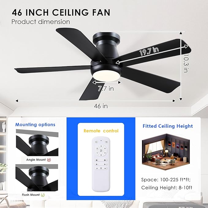 Hounberi 46 Inch Modern Low Profile Ceiling Fan with Light and Remote Control, Quiet 3CCT Dimmable LED Flush Mount Fan for Bedroom Living Room, 5 ABS Blades Reversible Motor, Black