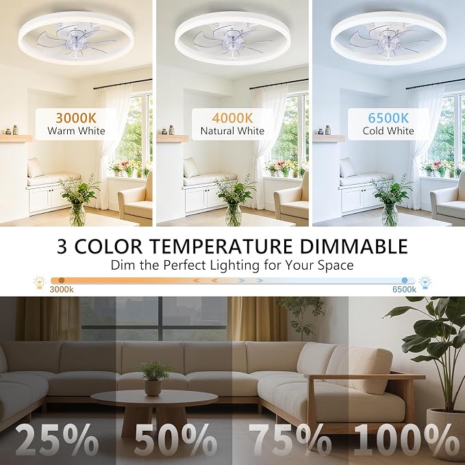 20" Low Profile Ceiling Fans with Lights and Remote & APP, Dimmable 3000-6500K LED Fandelier Ceiling Fan with Light, Modern Flush Mount Ceiling Fan Light for Living Room, Bedroom and Kitchen