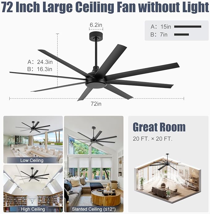 72 Inch Ceiling Fan No Light, Modern Ceiling Fan with Remote Control, Quite DC Motor 8 Reversible Blades Indoor Outdoor Industrial Ceiling Fan without Light For Living Room Bedroom Patio Garage-Black