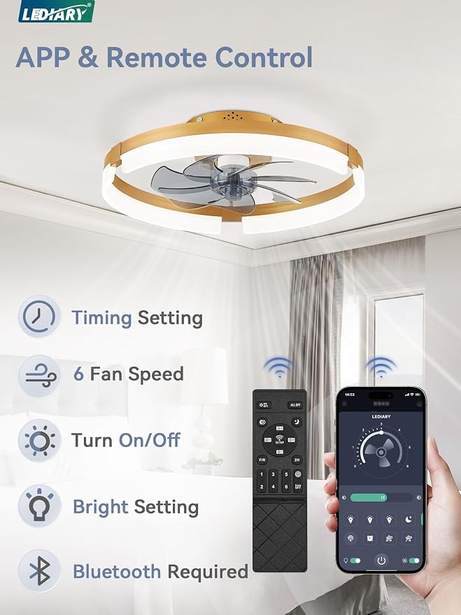 LEDIARY 19.7 Inch Low Profile Ceiling Fans with Lights and Remote, 6 Speeds, 3 CCT, Reversible, Dimmable Flush Mount Fan Light, Modern Ceiling Fan with Light for Bedroom, Gold