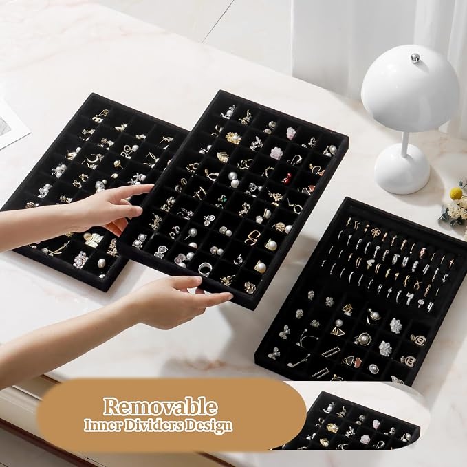 Large Velvet Jewelry Tray Display Drawer Inserts 2 Pack | Stackable Jewelry Organizer for Earring Bracelet Necklace Ring (Black, 48 Grids)