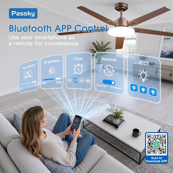 Passky Ceiling Fans with Lights, 60 inch Sleek Ceiling Fan with Light and Remote Control, 3CCT, Dimmable, Reversible, Noiseless, Brown Ceiling Fan for Bedroom, Living Room