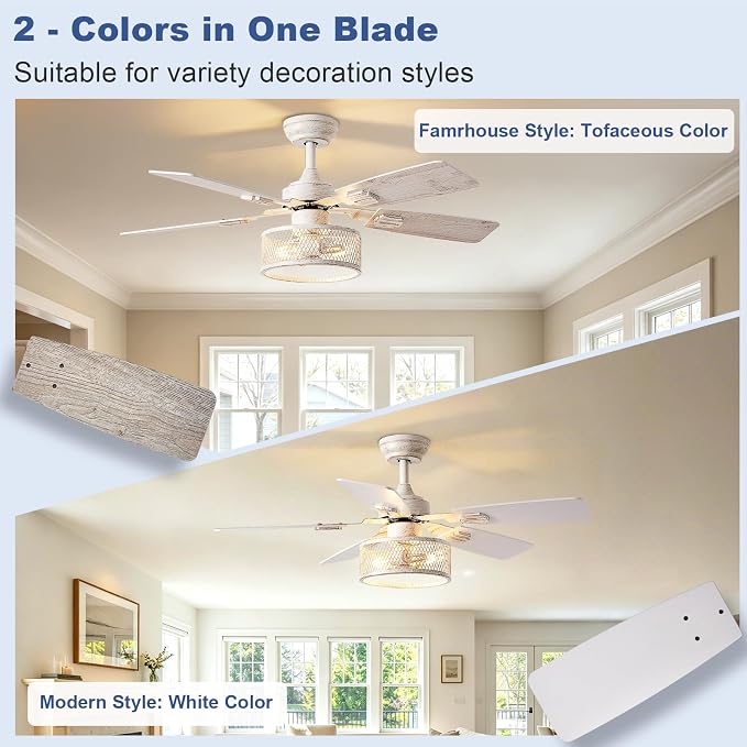 Depuley 42-Inch Ceiling Fans with Lights: Caged Ceiling Fans Dual Finish 5 Blades - Rustic Ceiling Fan with Remote Control for Farmhouse Living Room Outdoor Porch Noiseless (White Grey)