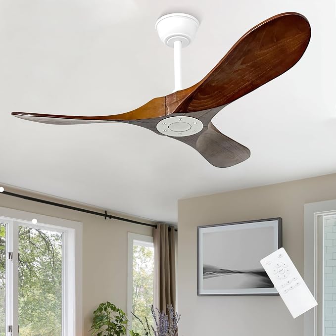 42'' Outdoor Ceiling Fan no Light,Solid Wood Ceiling Fan with Remote Control,Quiet and Reversible DC Motor with Large Airflow for Living Room,Patios,Gazebo (White+Dark Walnut)