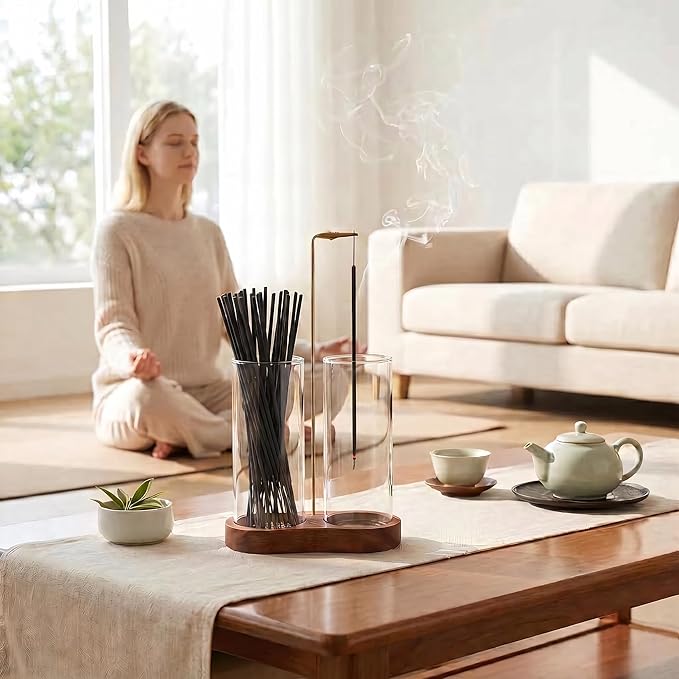 Incense Holder for Sticks with Glass Ash Catcher - Upside Down Anti-Ash Flying Incense Burner & Stick Storage Organizer, Ideal for Meditation, Yoga, Zen Home Decor, Spa Relaxation Gift (Natural Wood)