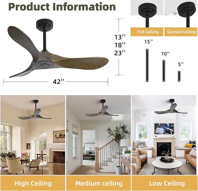 Outdoor Ceiling Fan Without Light, 42Inch Smart Ceiling Fan with Remote & Voice Control for Compatible with Alexa/Google, 3-Blade Wood Fan, Quiet DC Motor, 6 Speeds for Patio, Porch, Farmhouse