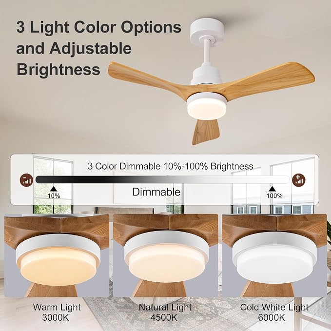 36 Inch Outdoor Ceiling Fans with Lights and Remote Control, Dimmable 3 Blades Wood Outdoor Ceiling Fans for Patios White Natural Wood Bedroom Ceiling Fan with Light, Wall Switch