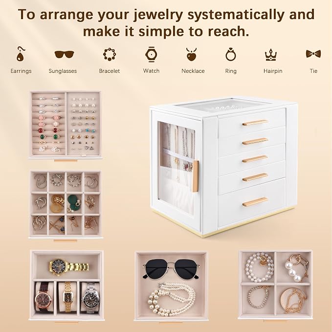 Homeanda Jewelry Box for Women with Glass Lid, 5 Drawers Jewelry Organizer and Storage for Necklaces, Rings, Earrings, Bracelets, Gift for Girls and Teens,PU Leather (White)