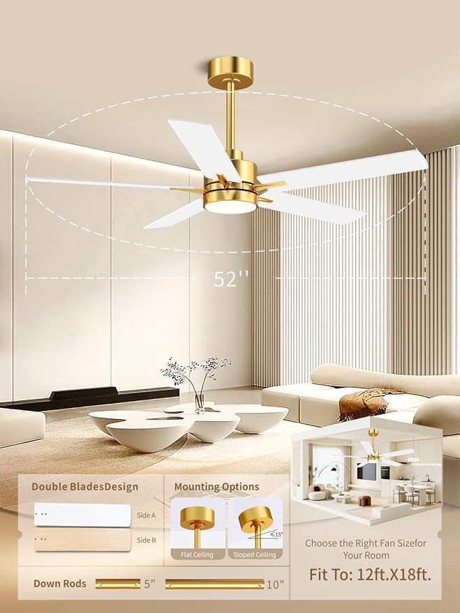 LANMEL 52'' Ceiling Fan with Lights and Remote, Low Profile Modern Ceiling Fan Gold, 6 Speed, Reversible, 3000k-6000k LED, Quiet DC Motor Ceiling Fans for Indoor Outdoor Bedroom Living Room