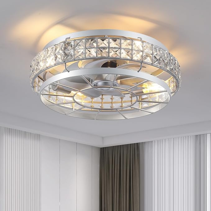 SHIHOT 18" Crystal Low Profile Caged Ceiling Fans with Lights and Remote | Safe Crystal Caged-Design,Supports Both Remote and APP,6 Wind Speeds, Reversible, Quiet DC Motor,Suits for Bedroom Kidsroom